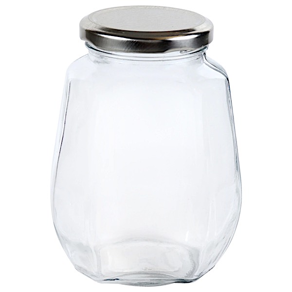 30-2292 - Hexagonal Shaped Glass Jar w/ Metal Lid  20oz.